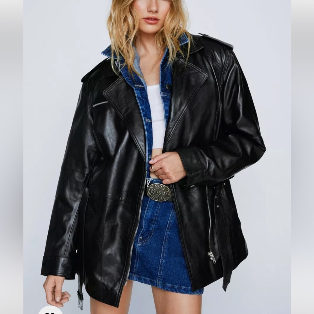 Oversized black leather jacket